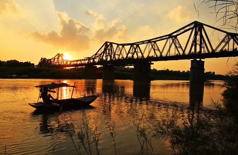 Long Bien Bridge on sunset