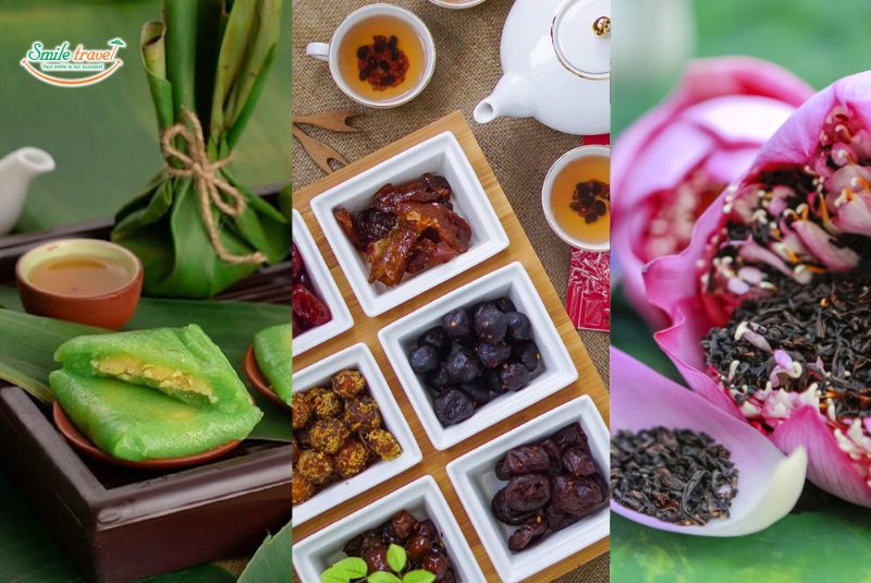 Buy o mai (salted dried fruit), Vietnamese lotus tea and com cake (Vietnamese green sticky rice cake) as souvenirs Buy o mai (salted dried fruit), Vietnamese lotus tea and com cake (Vietnamese green sticky rice cake) as souvenirs